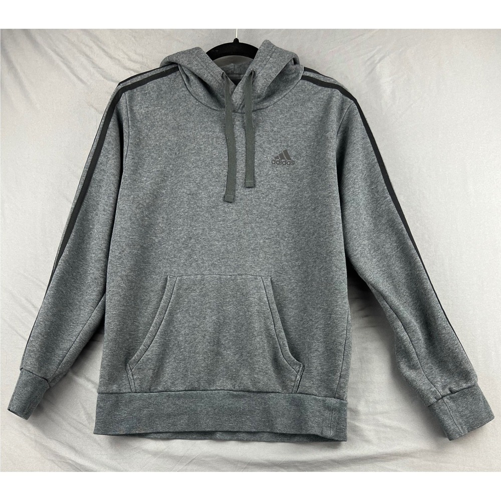 Adidas Hoodie Mens Medium Grey 3-Stripe Pullover Fleece Sweatshirt Good
